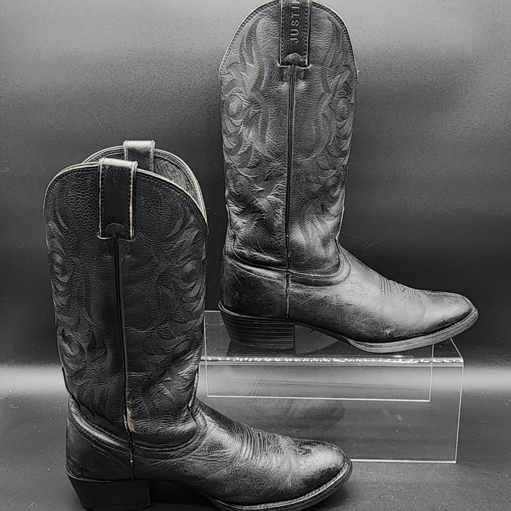 Justin 8.5D Black Leather Western Cowboy Boots Rodeo Country Work Biker READ
